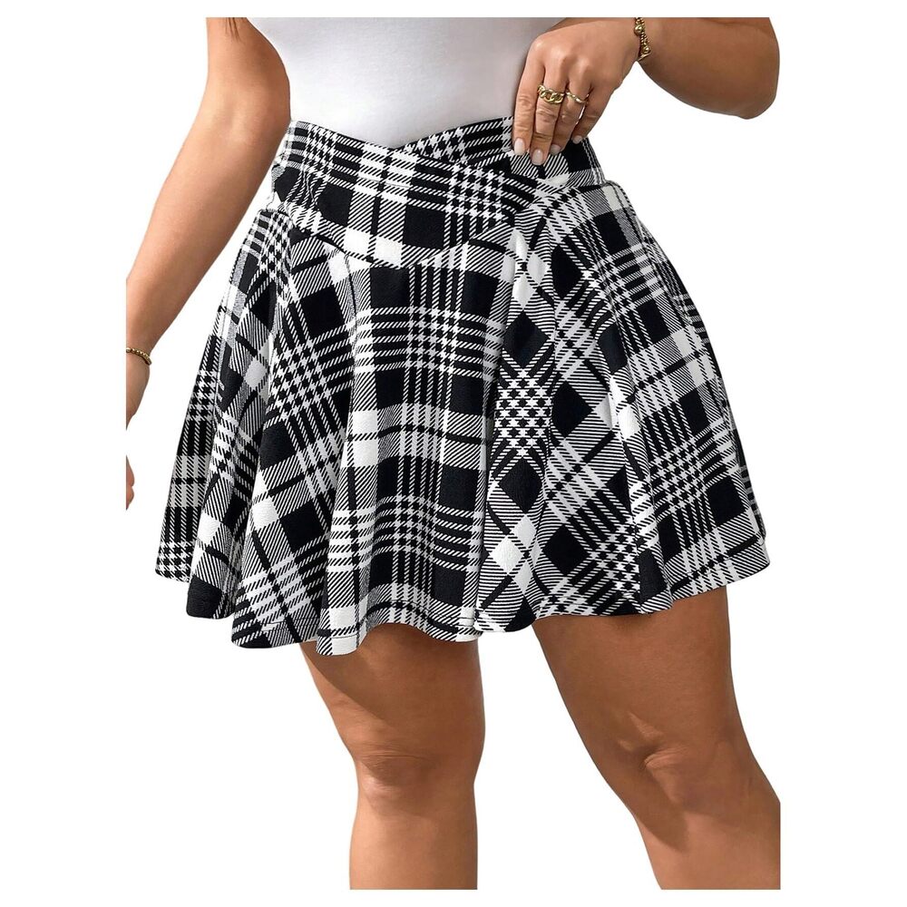 1485 Plus Size Plaid Skorts Crossover High Waisted A Line Ruffle Skirt